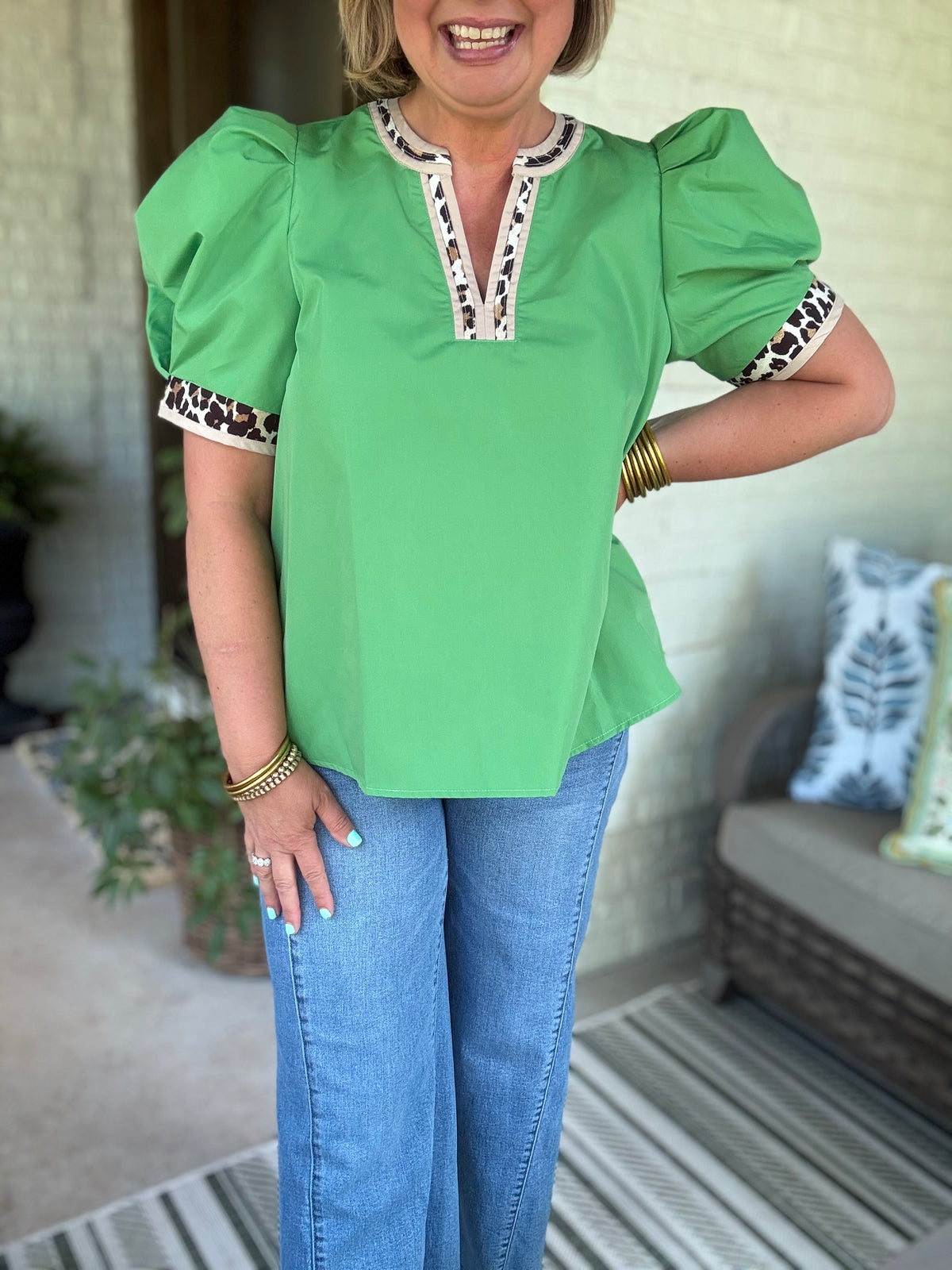 Wild Side Leopard Trim Top - Green