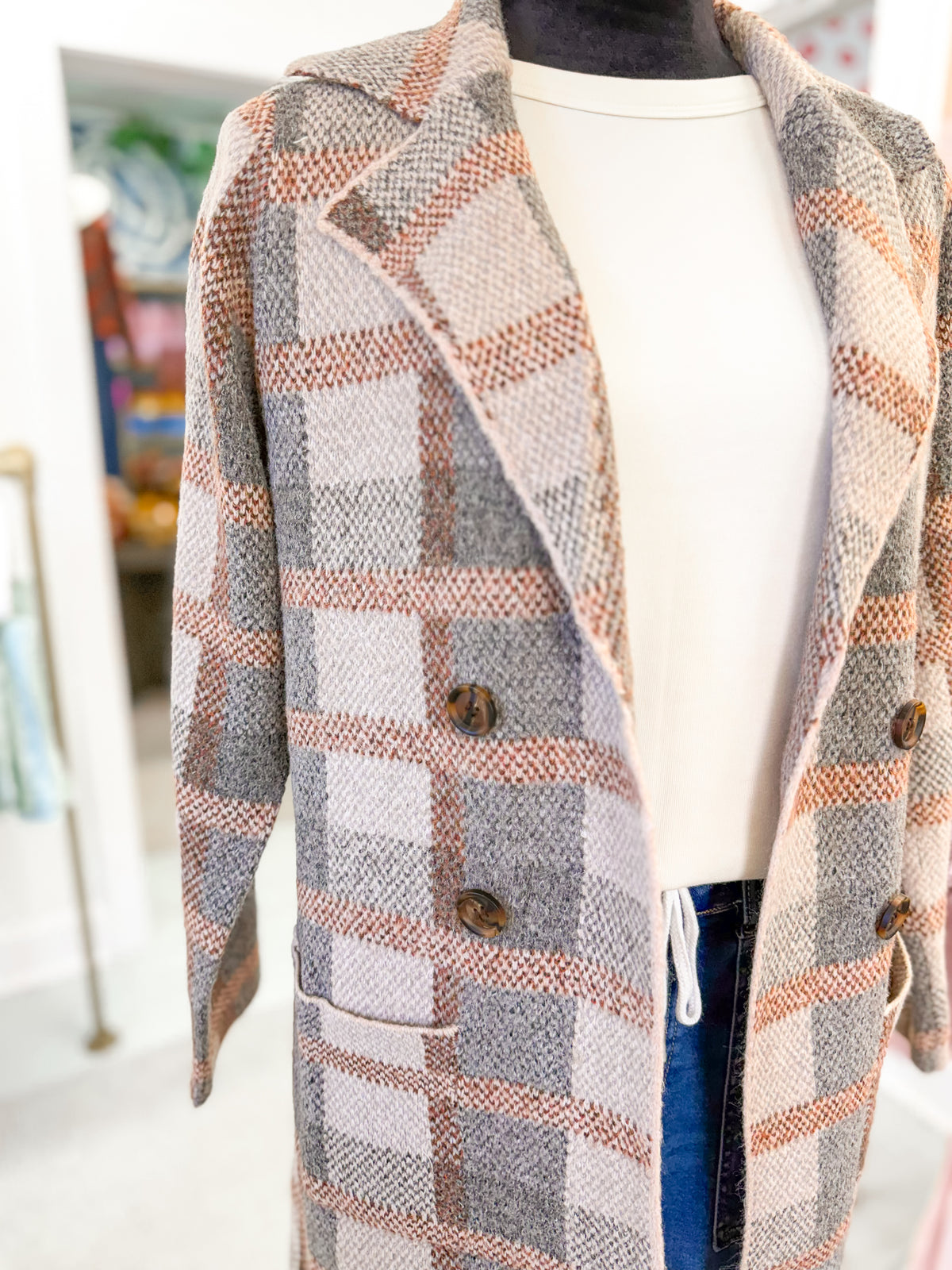Checkered Jacquarded Tailored Collar Open Front Cardigan - Taupe