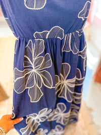 Embroidered Sleeveless Floral Maxi Dress - Navy