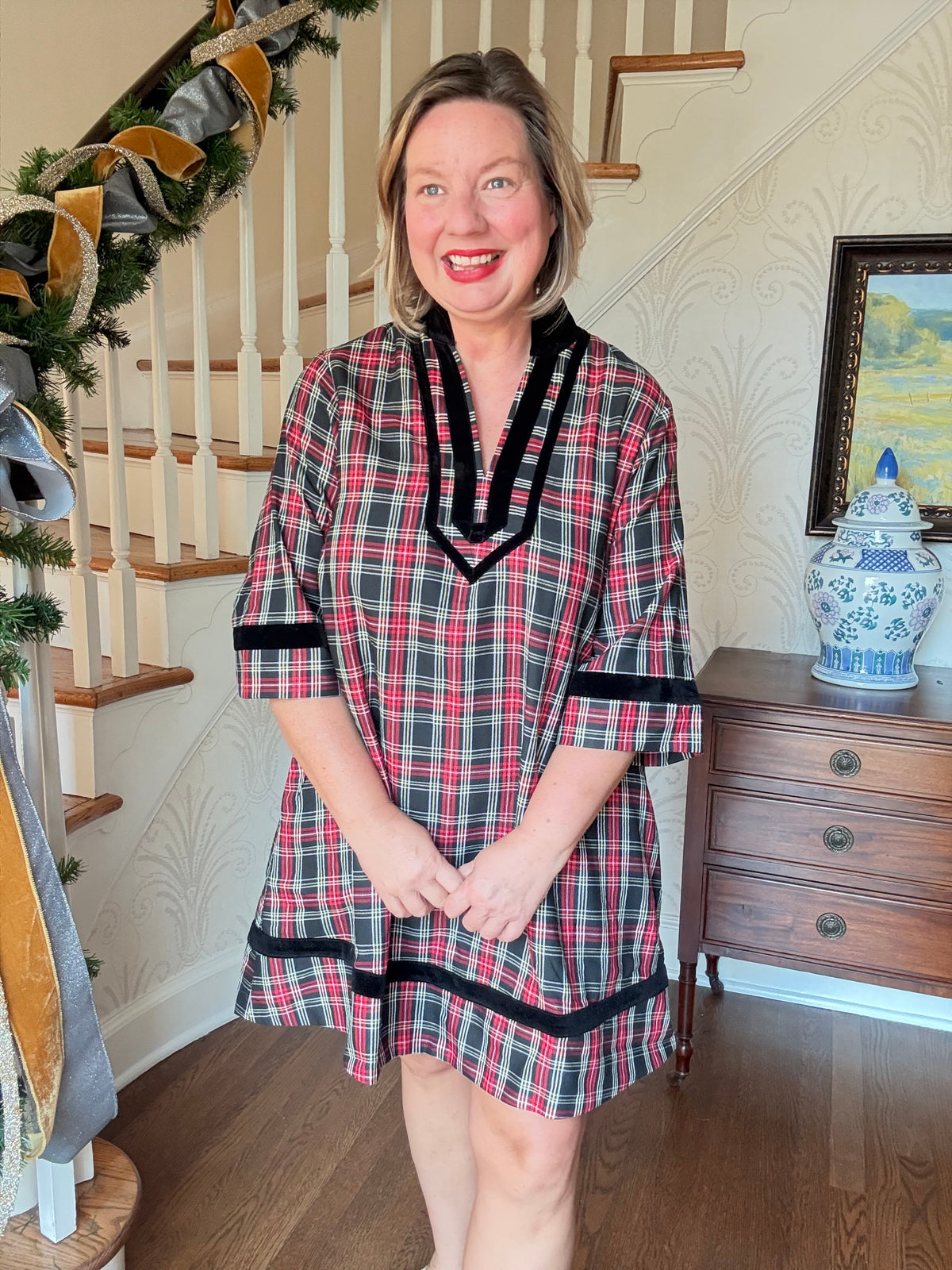 Holiday Plaid Dress with Trim - Black