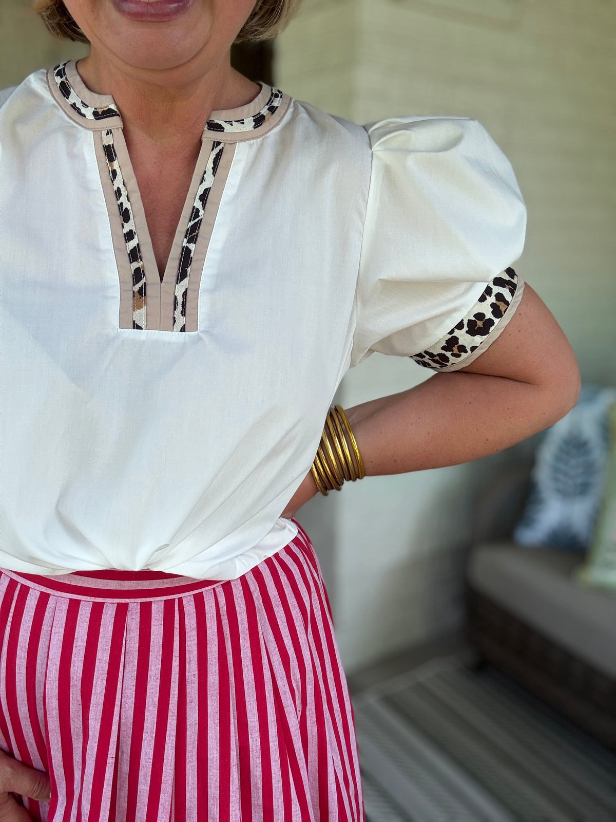 Wild Side Leopard Trim Top - White