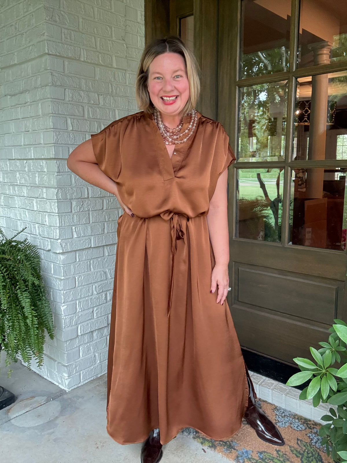 Cognac Satin Tie-Back Midi Dress