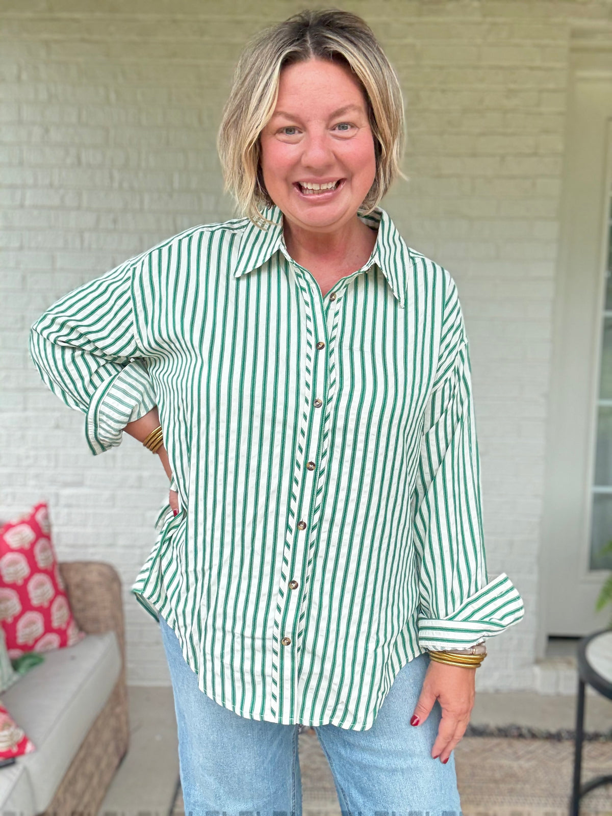 Hazel Stripe Button Up Top - Green