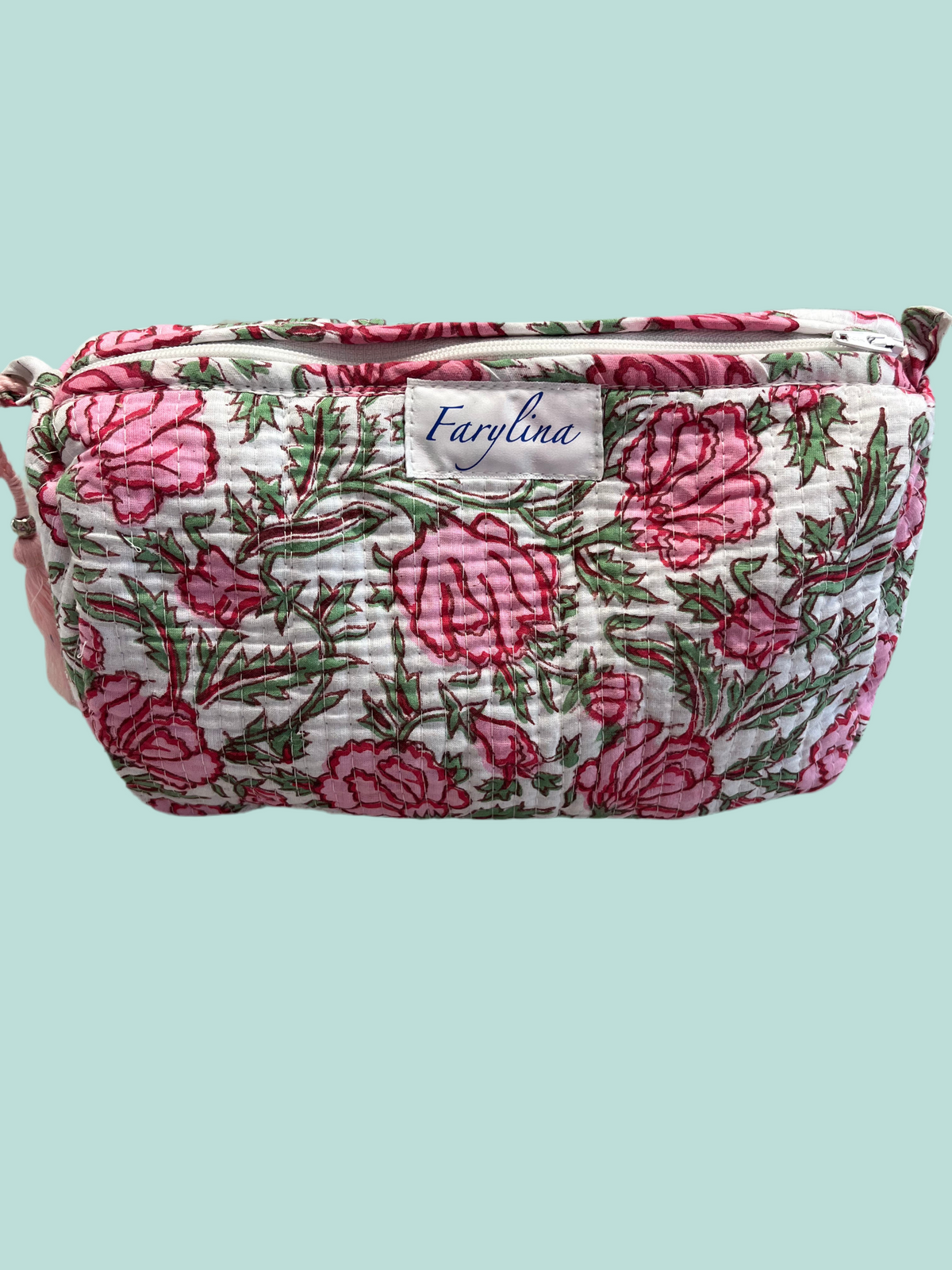 Pink & Green Floral Quilted Cosmetic Bag - Multiple Sizes