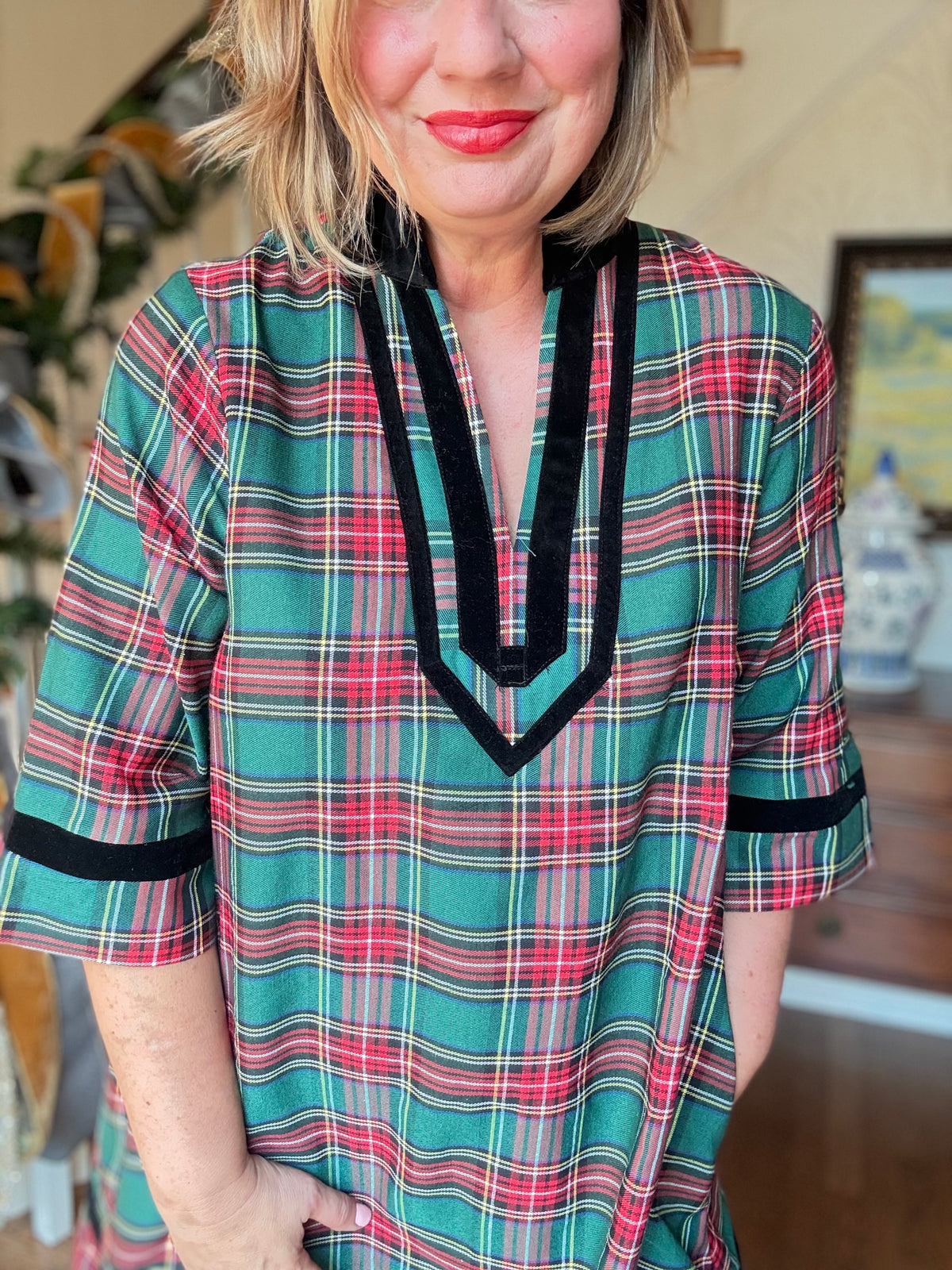 Holiday Plaid Dress with Trim - Green