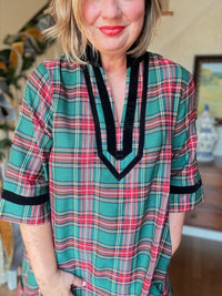 Holiday Plaid Dress with Trim - Green