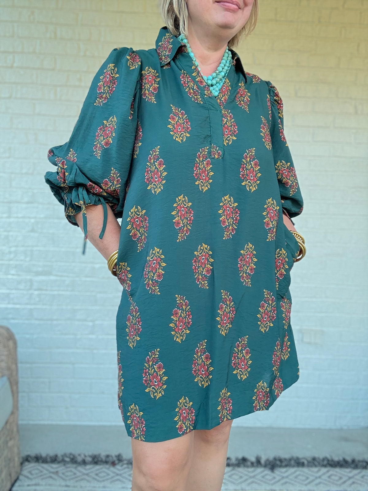 Teal Floral Puff Sleeve Dress