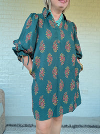 Teal Floral Puff Sleeve Dress
