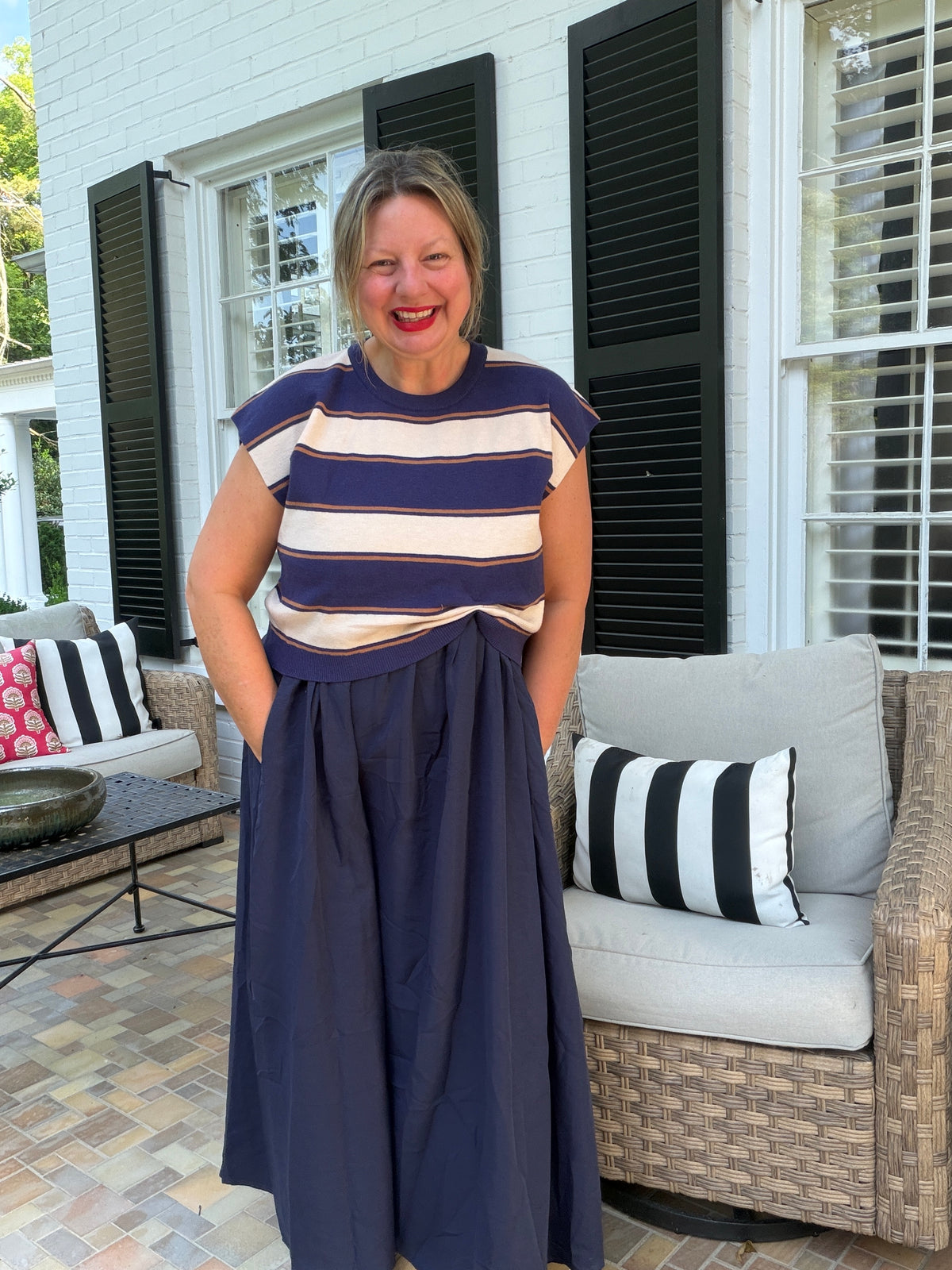 Navy and Camel Striped Sweater Dress