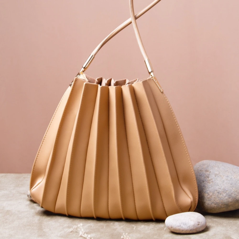 Carrie Taupe Pleated Vegan Shoulder Bag