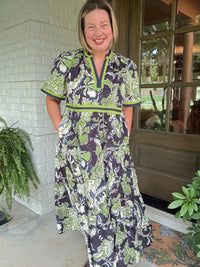 Navy Green Floral Boho Print Dress - Navy