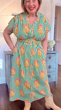 Short Sleeve Striped Floral Pattern Dress