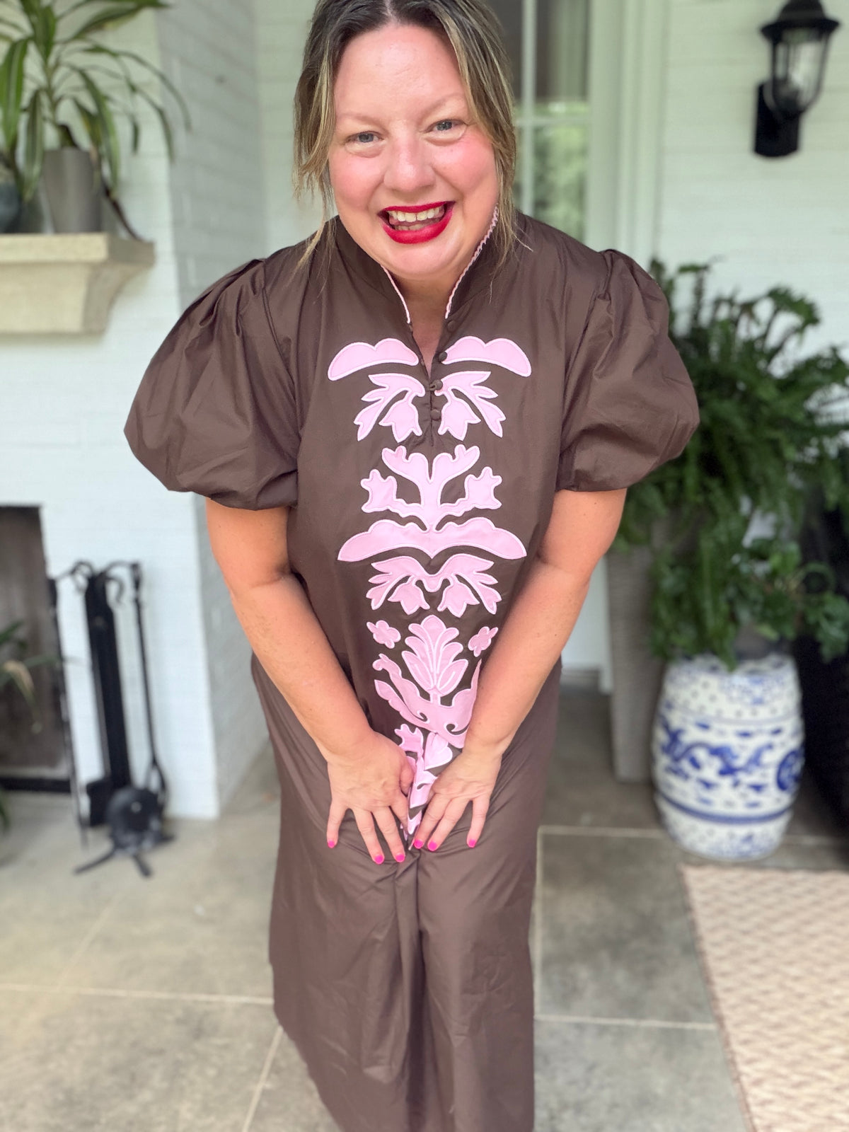 Brown and Pink Floral Puff Sleeve Dress