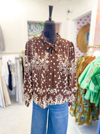 Tie Neck Long Sleeve Pattern Detail Top