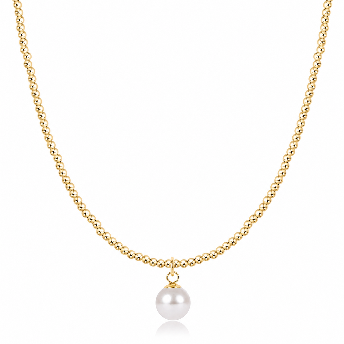 17" Choker Beaded - Classic Gold 2MM - Classic Pearl 8MM Charm