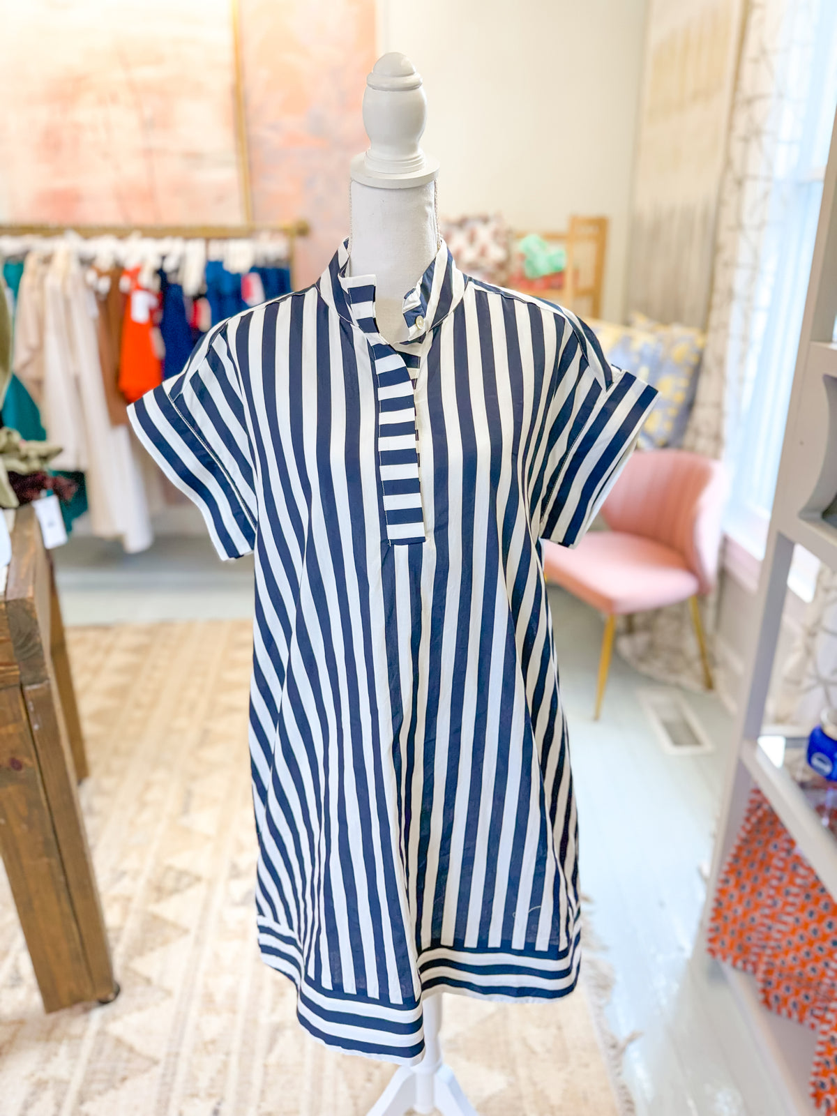 Navy and White Striped Mock Neck Dress