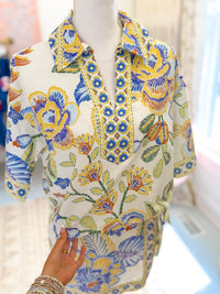 Botanical Print Blouse with Split Neckline - Blue