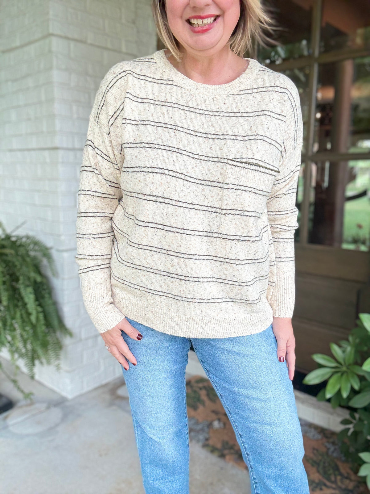 Striped Sprinkled Crew Neck Sweater - Taupe