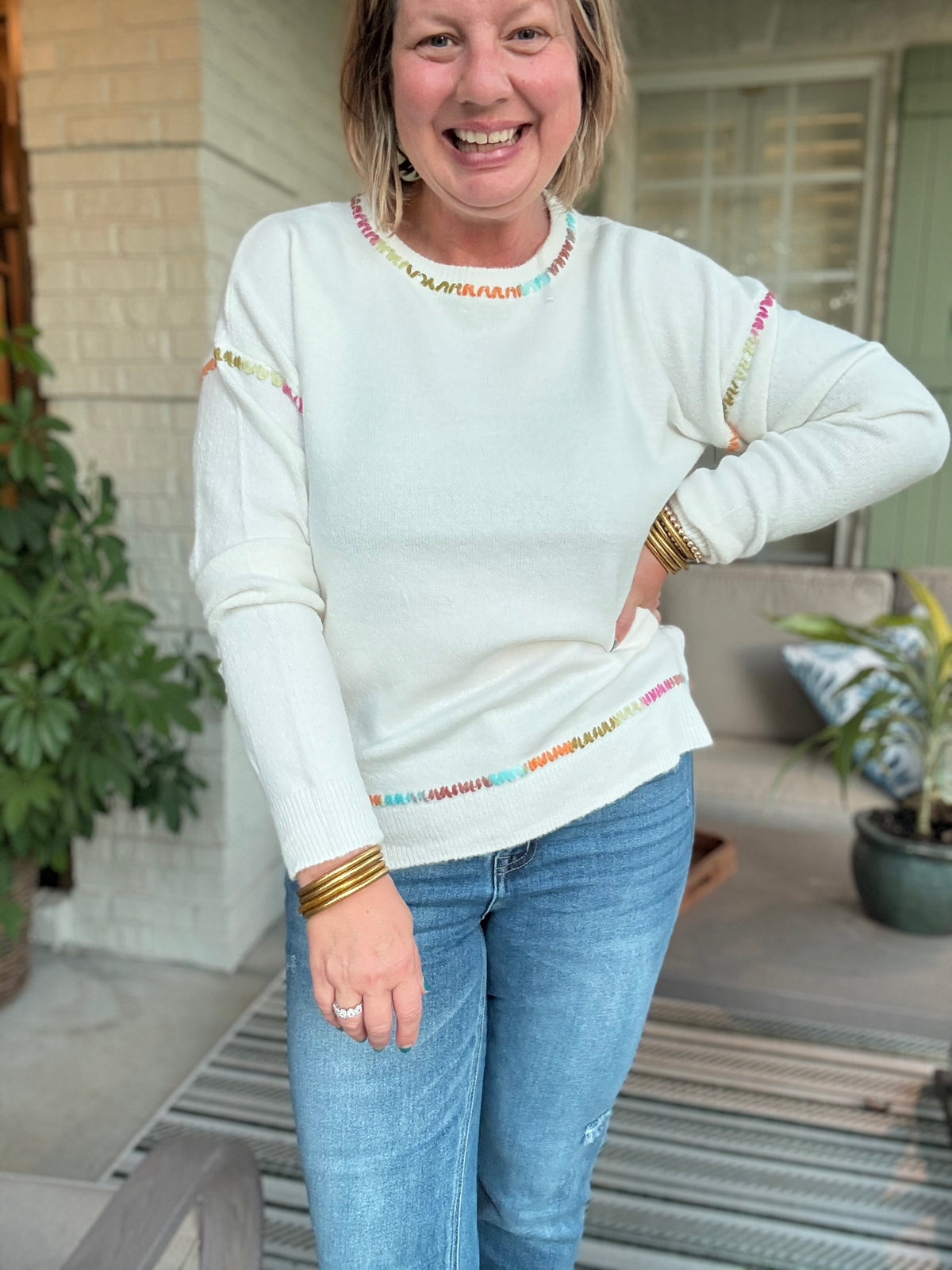 Confetti Trim Cream Sweater