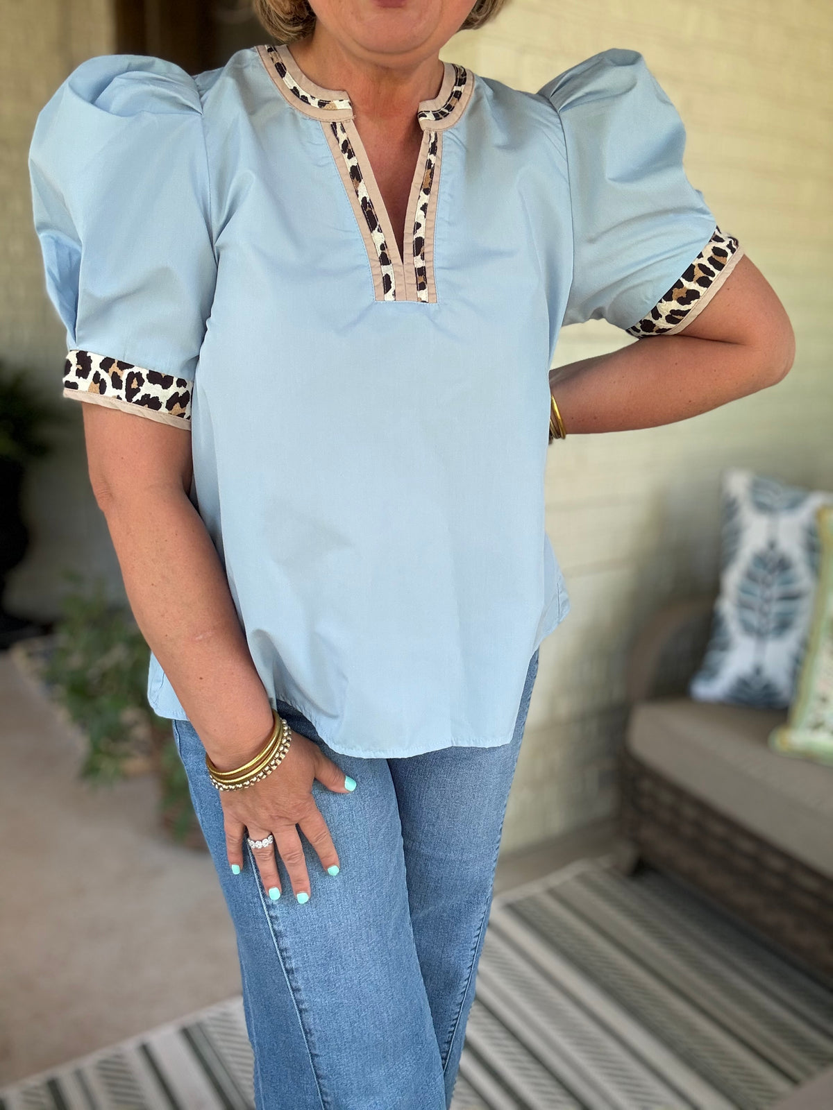 Wild Side Leopard Trim Top - Light Blue