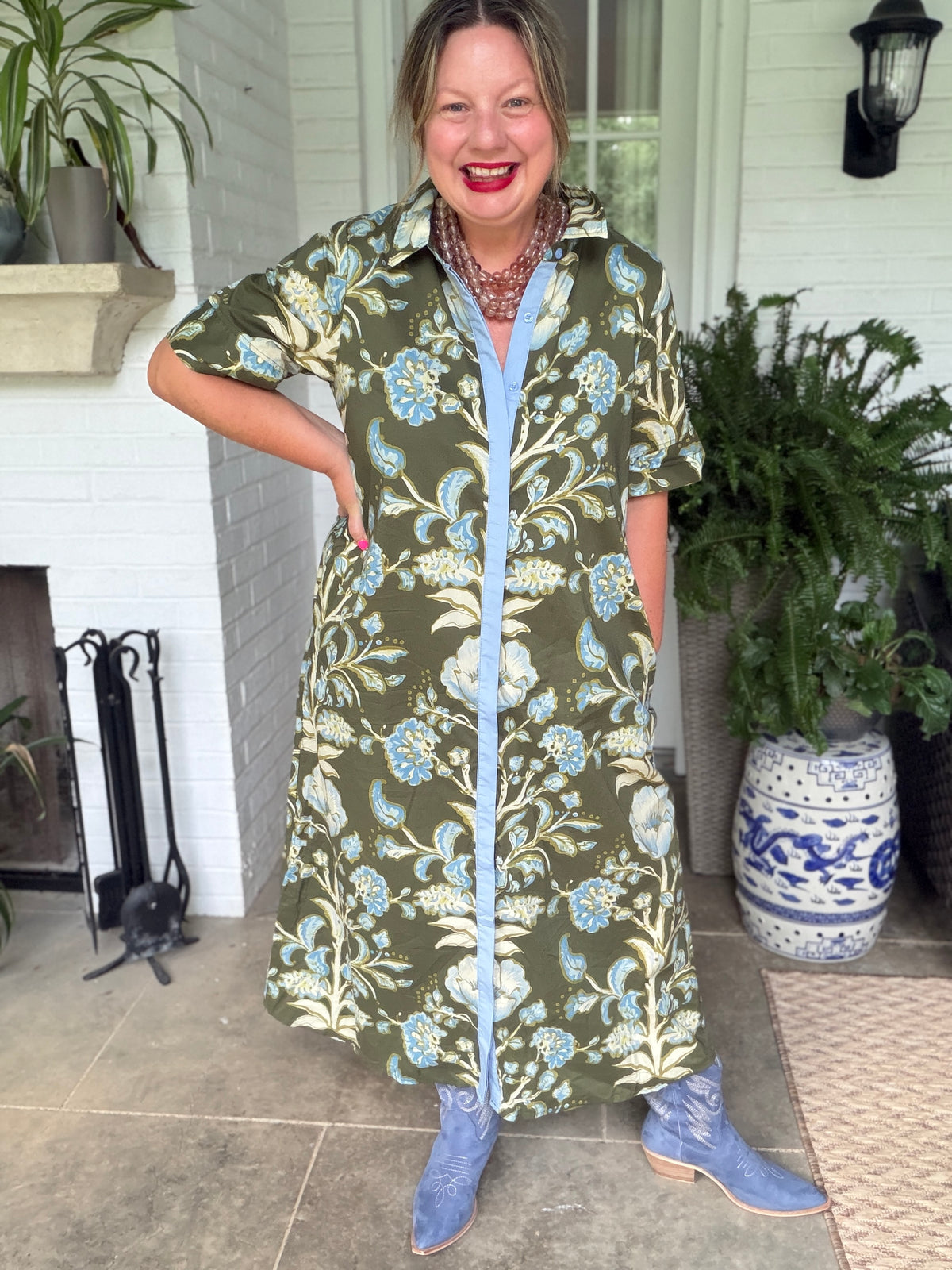 Floral Button Olive and Blue Midi Dress
