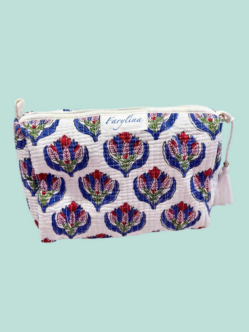 Pink & Blue Floral Quilted Cosmetic Bag - Multiple Sizes