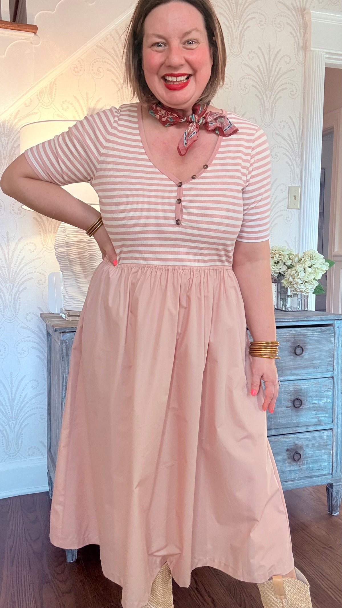 V-Neck Button Detailed Stripe Rib Knit and Woven Mix Dress - Blush