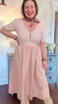 V-Neck Button Detailed Stripe Rib Knit and Woven Mix Dress - Blush