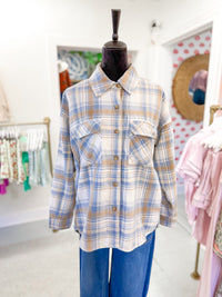 Double Chest Pocket Button Down Jacket - Ivory and Blue