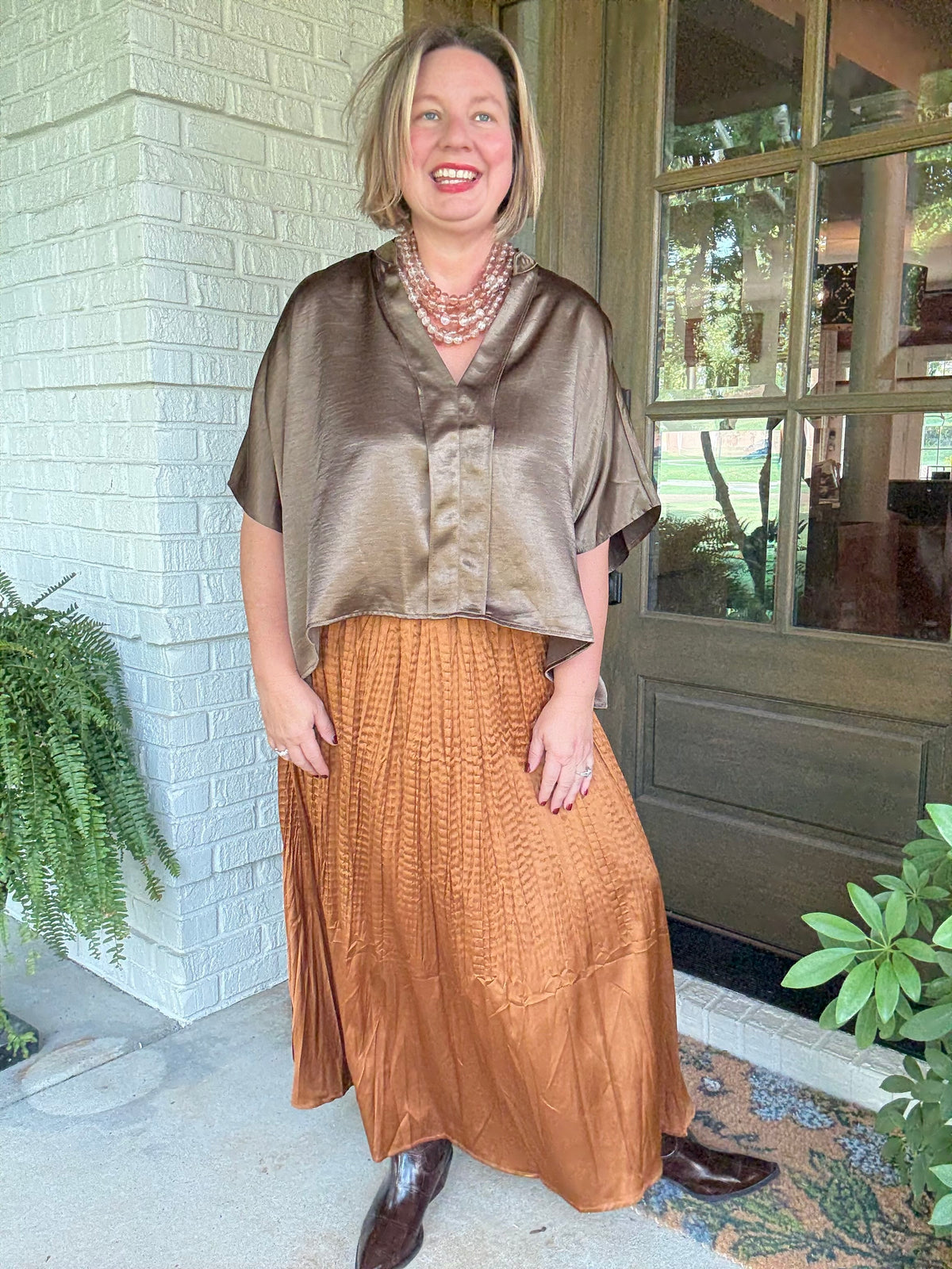 Glam Satin Wrinkled Skirt - Camel