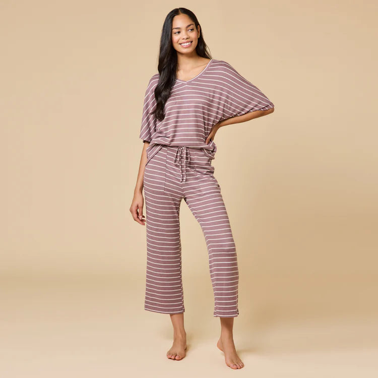 SOFTIES Dream Relaxed V-Neck Capri Set - Driftwood Stripe