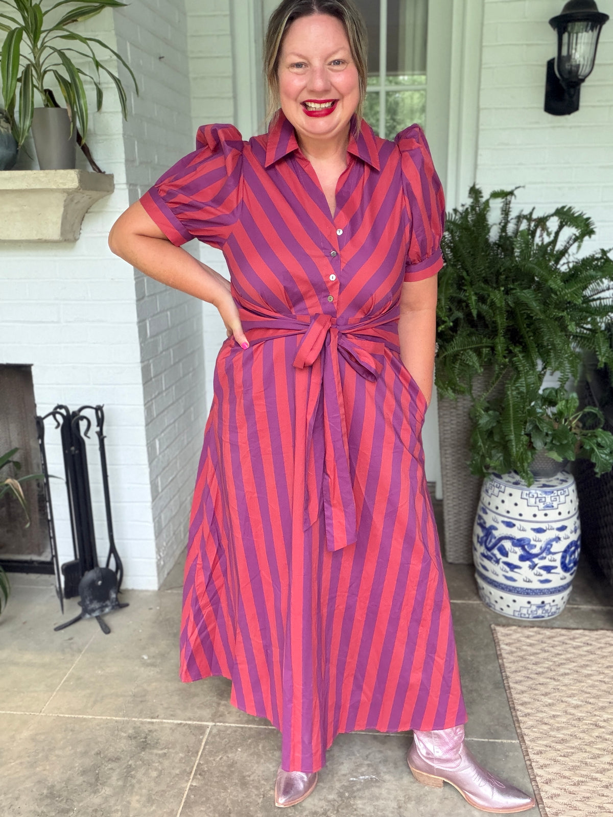 Striped Tie Waist Midi Dress - Plum