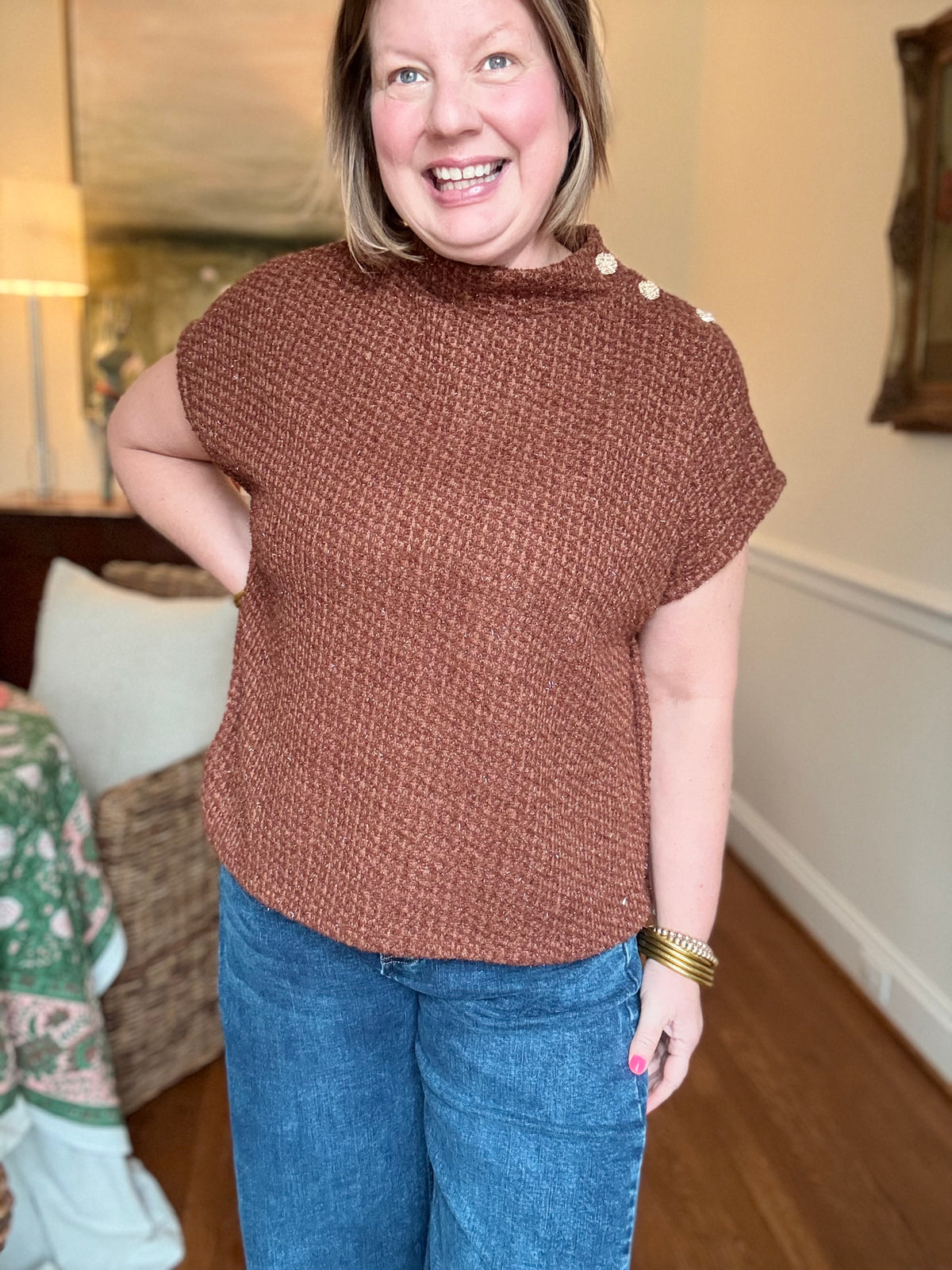 Short Sleeve Tweed Top - Brown