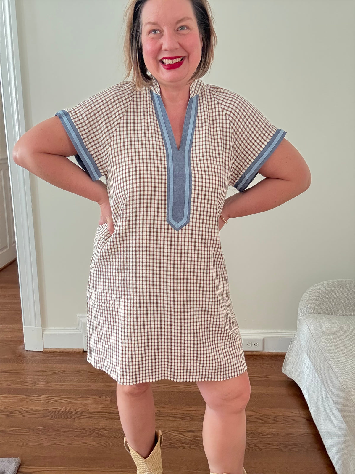 Short Sleeve Gingham Patterned Dress