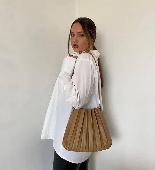 Carrie Taupe Pleated Vegan Shoulder Bag