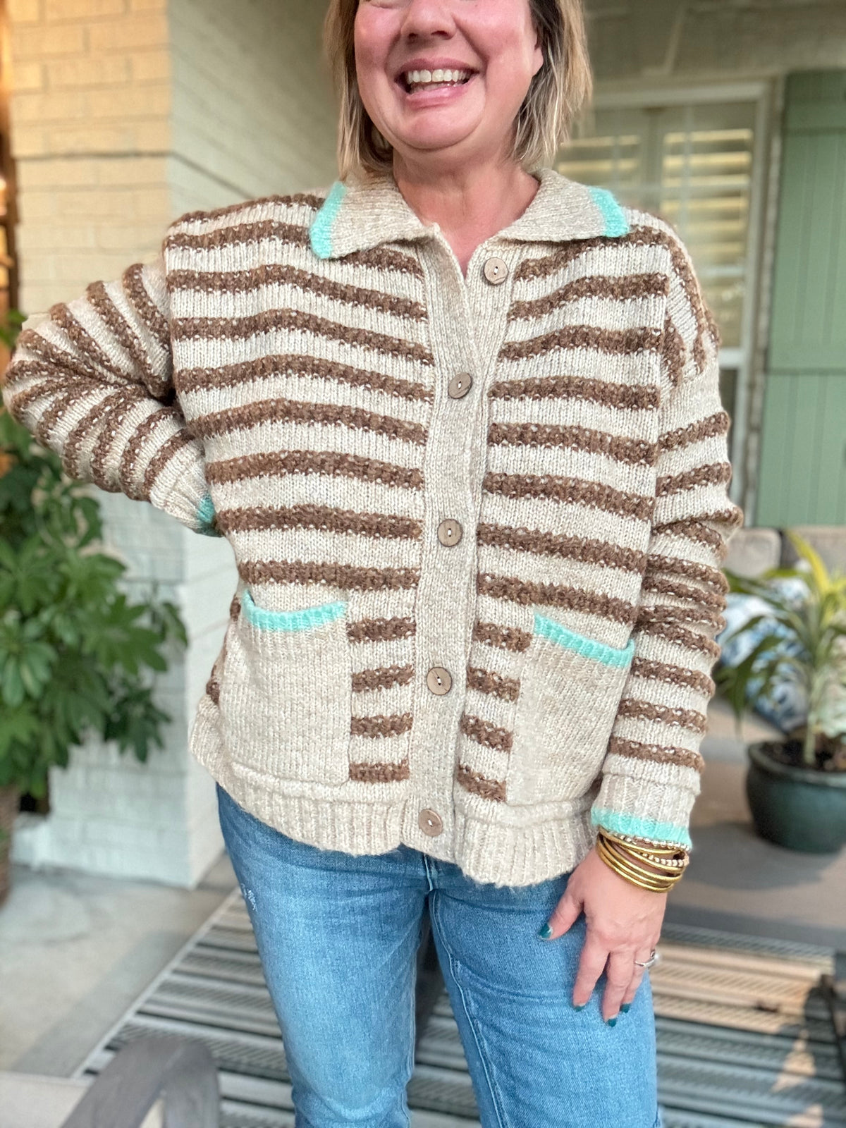 Striped Button-Up Collared Sweater with Pockets - Turquoise Trim