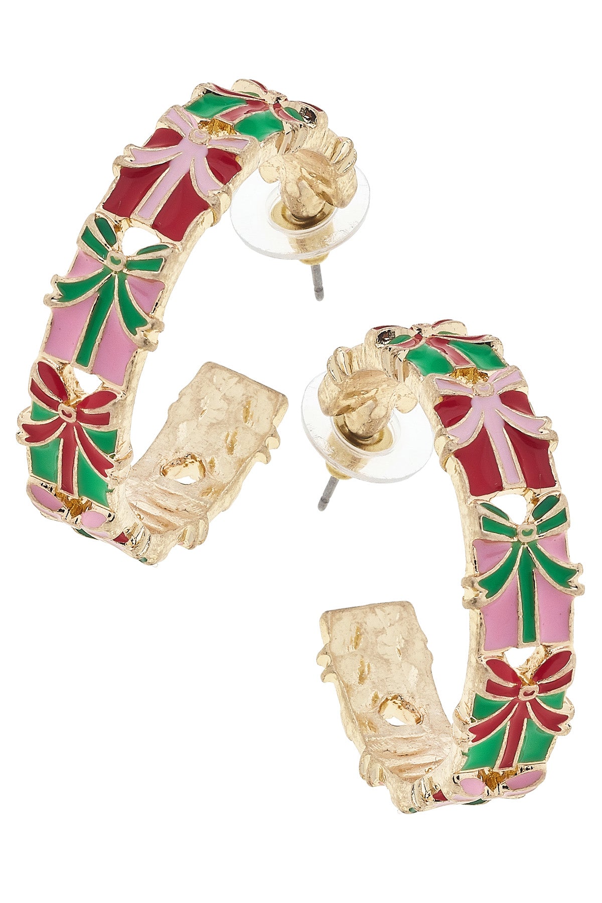 Gift Wrap Enamel Present Hoop Earrings in Pink/Green