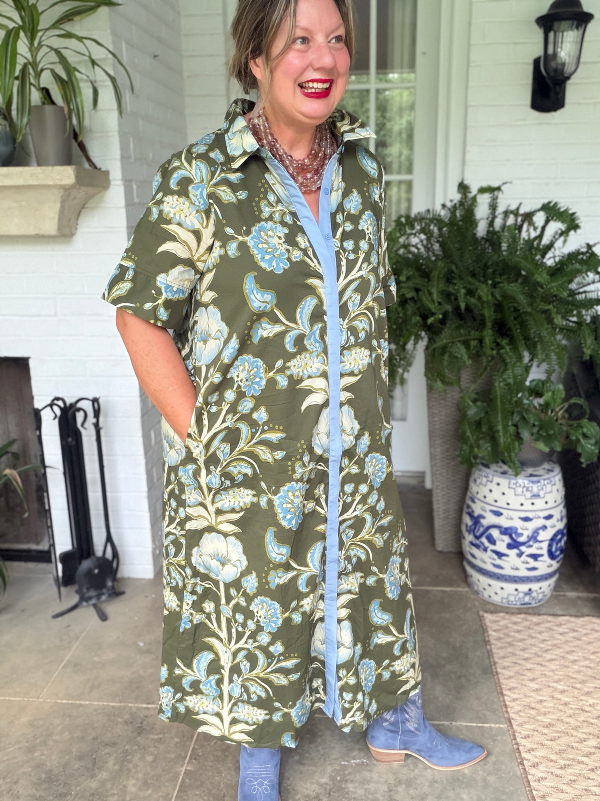 Floral Button Olive and Blue Midi Dress