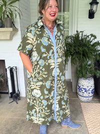 Floral Button Olive and Blue Midi Dress
