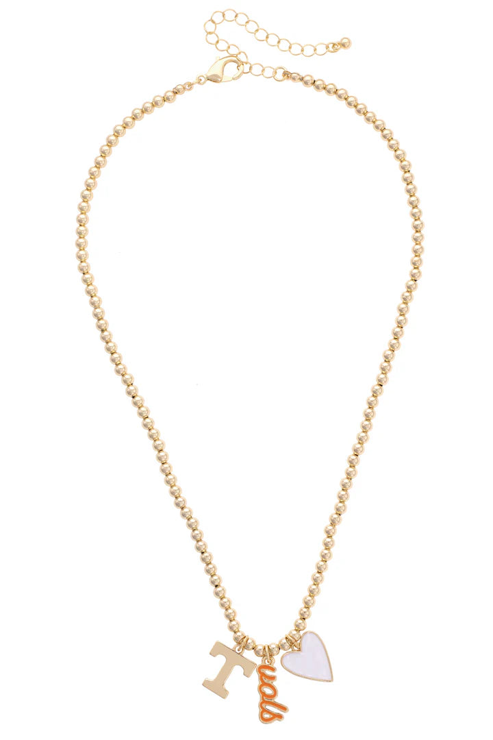 Tennessee Vols Ball Bead Charm Necklace in Shiny Gold