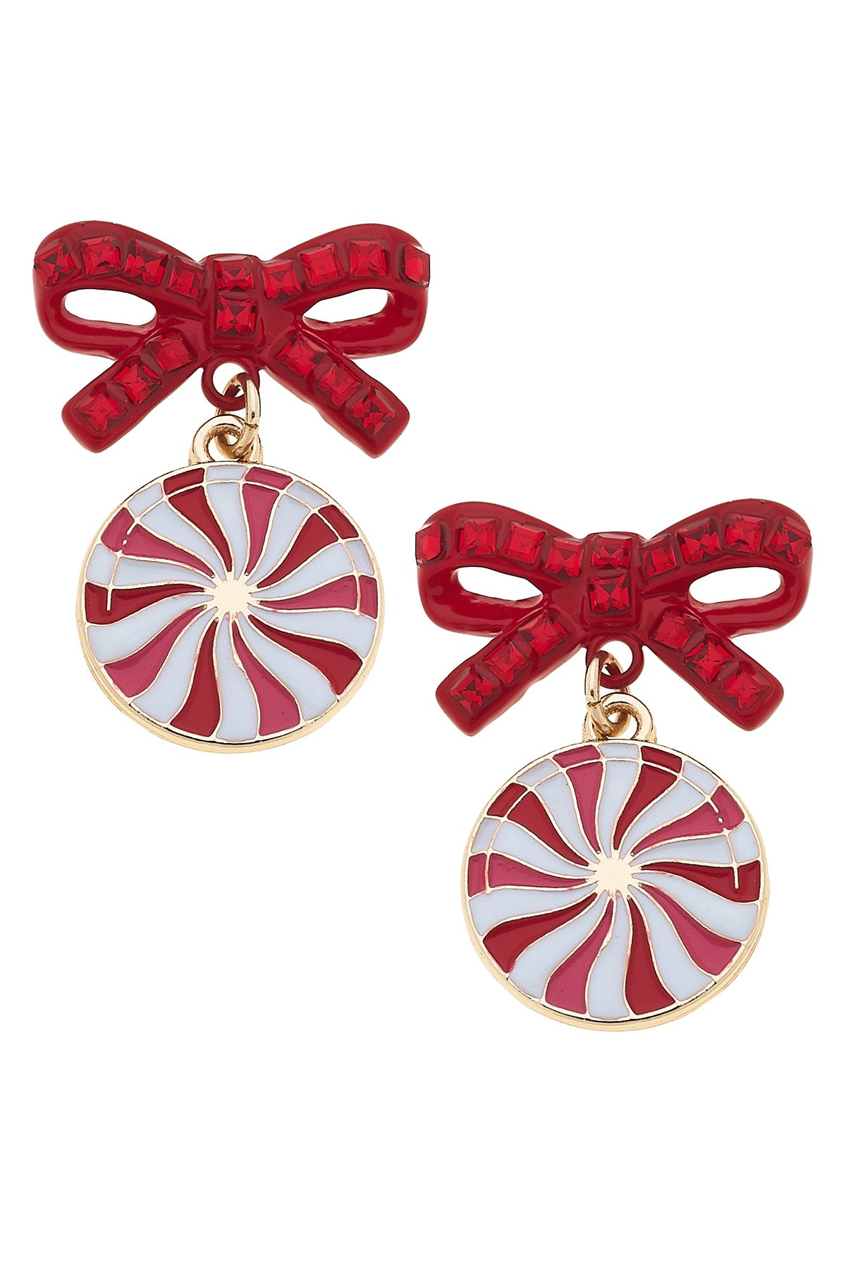 Pave Peppermint Bow Earrings in Red & White