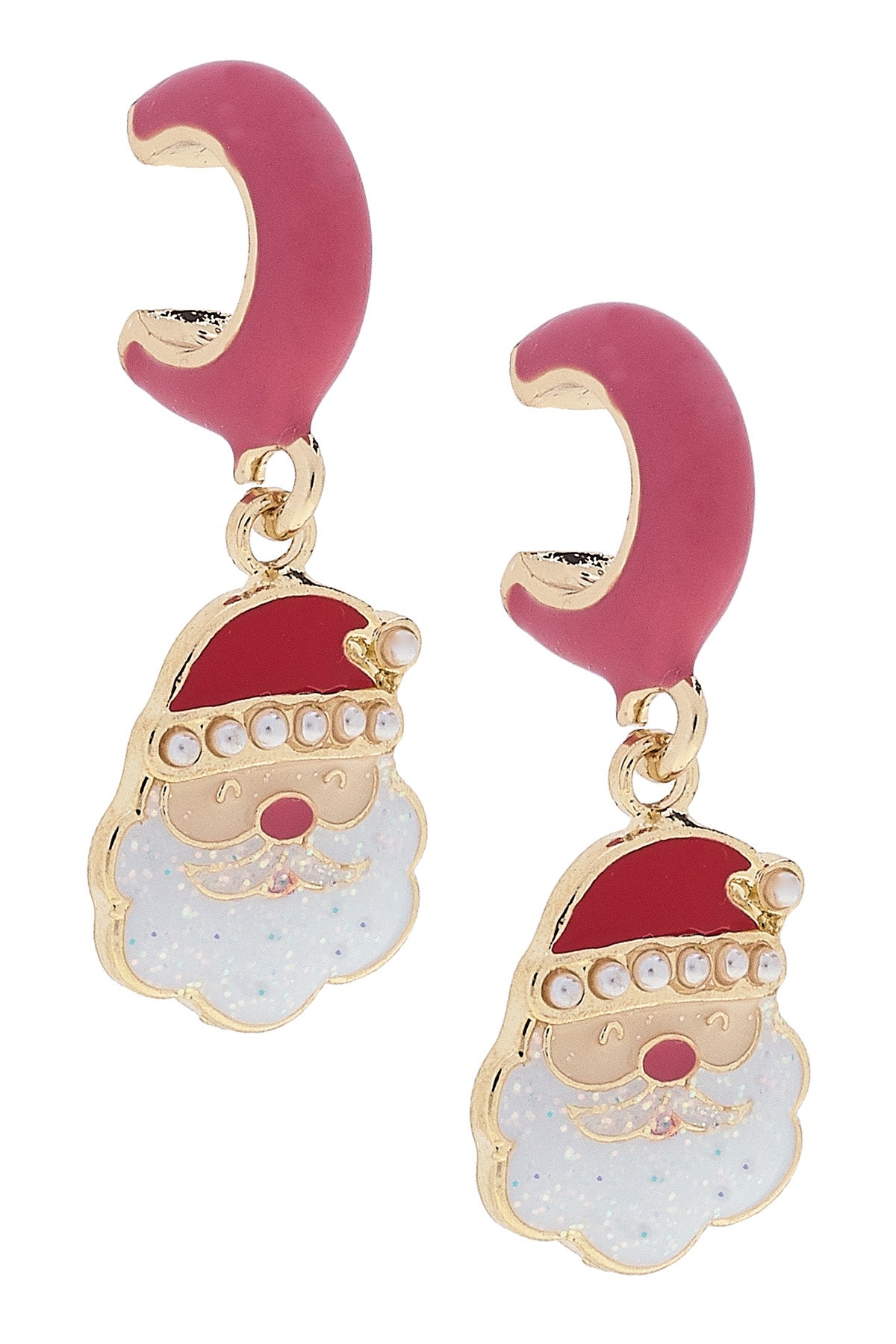 Pearl Studded Santa Huggie Hoop Earrings in Pink and White