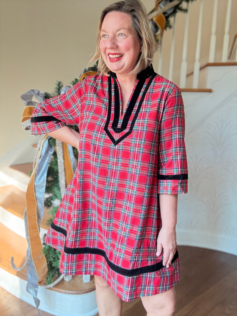 Holiday Plaid Dress with Trim - Red