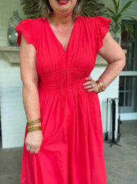 V-Neck Flutter Sleeve Midi Dress with Front Tie Front Detail - Red