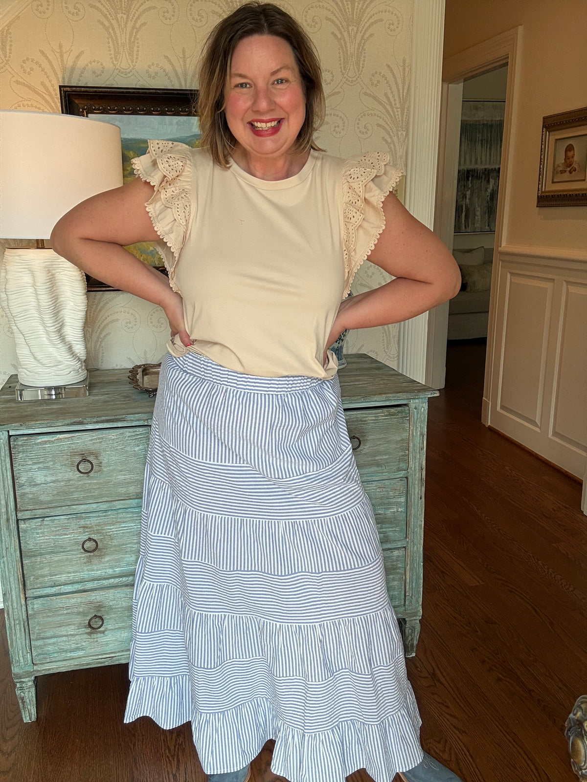 Blue and White Seersucker Maxi Skirt