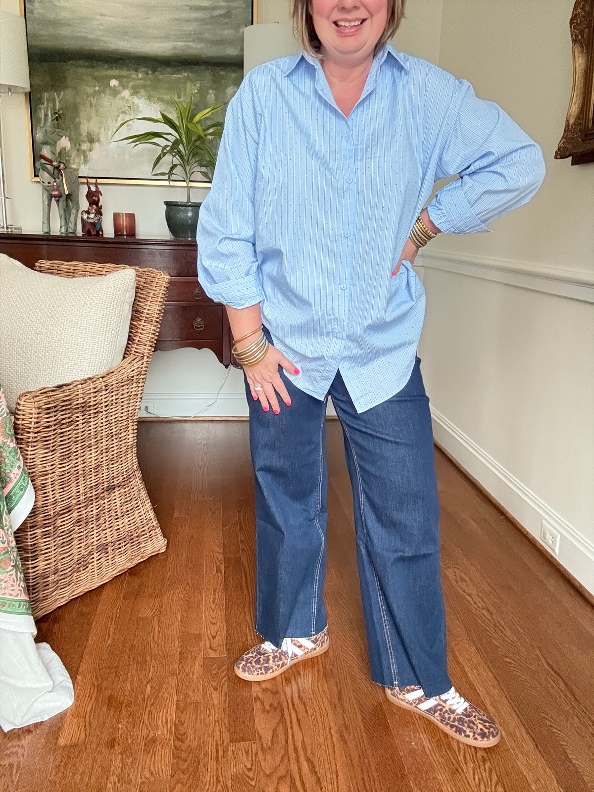 Blue Striped Sparkle Poplin Button-up Shirt