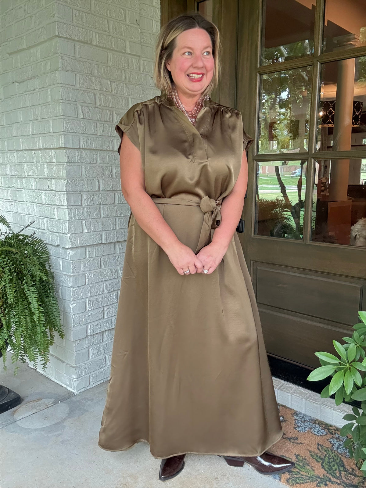 Olive Satin Tie-Back Midi Dress