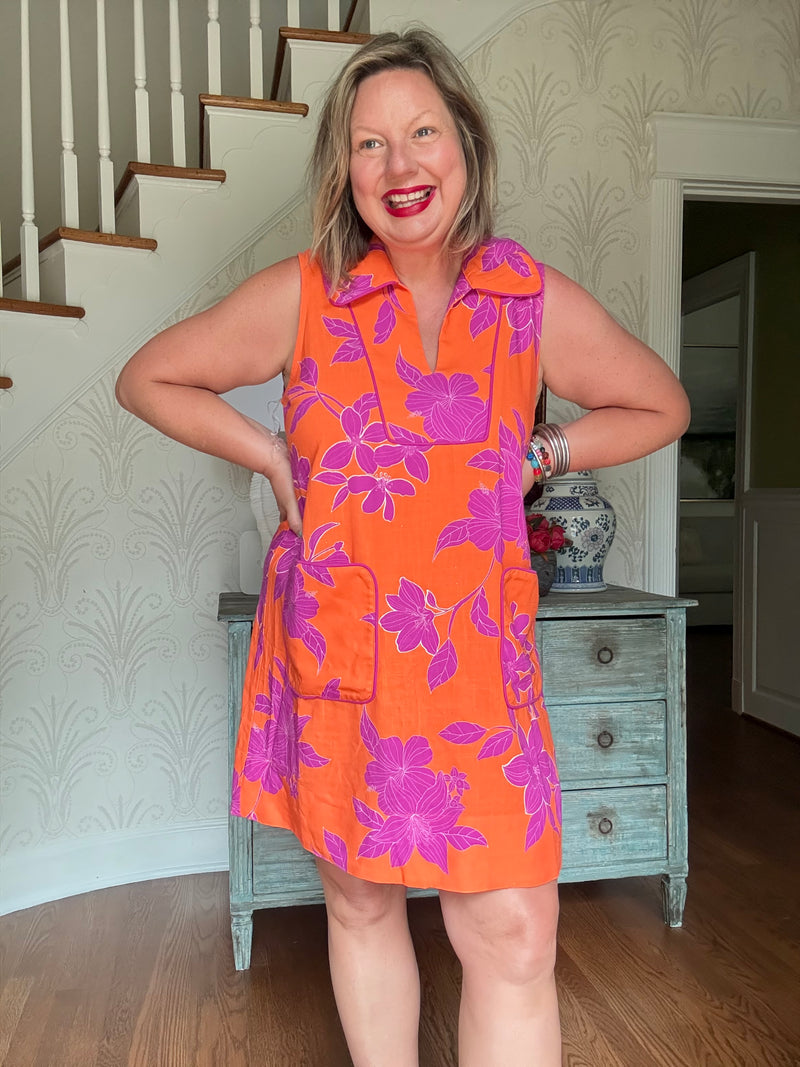 Orange Floral Collared Shift Dress