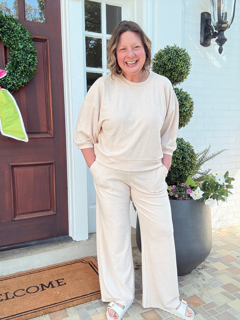 Terry Cropped Sleeve Crew Neck with Wide Leg Pant - Warm Sand