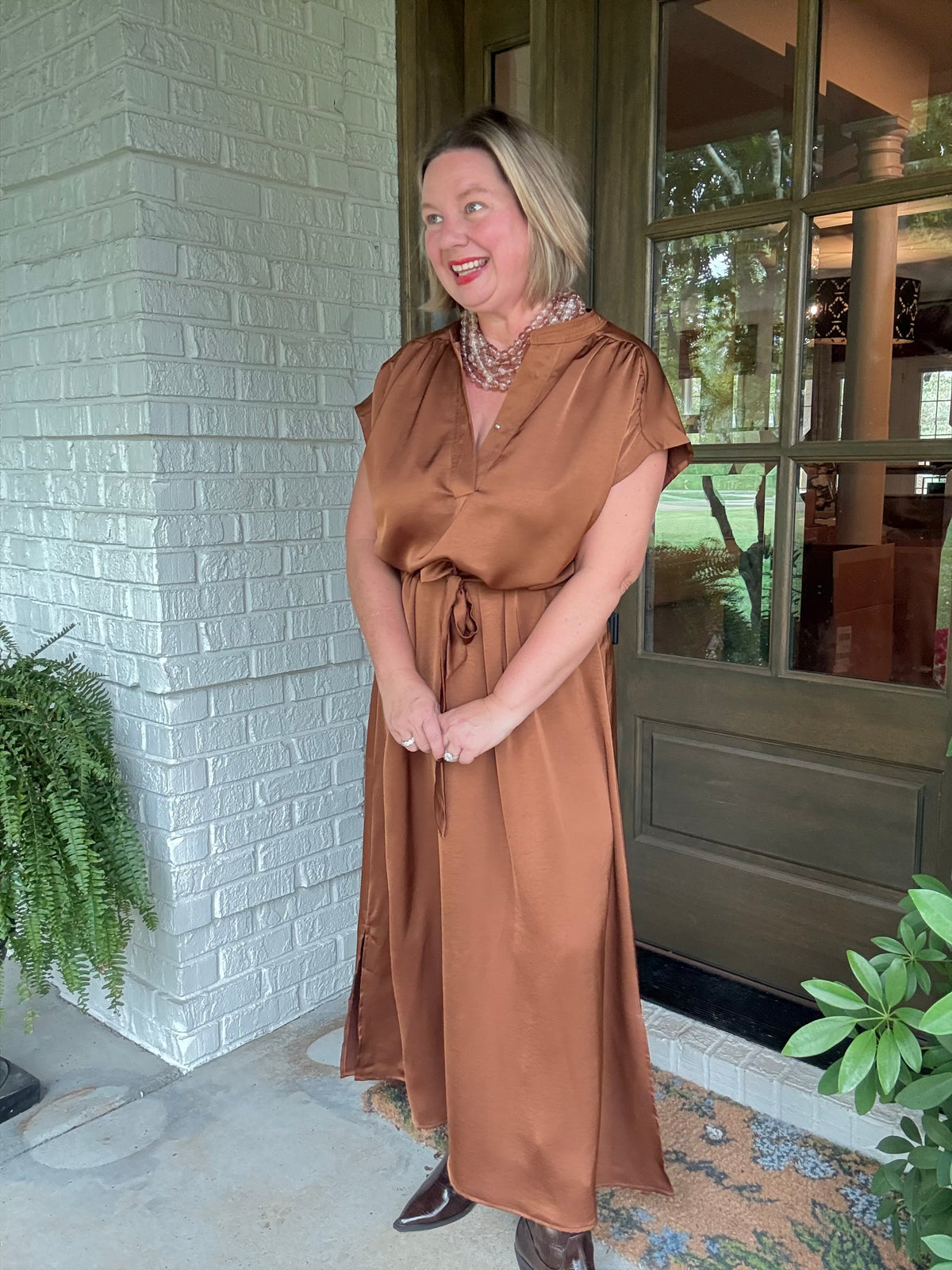 Cognac Satin Tie-Back Midi Dress